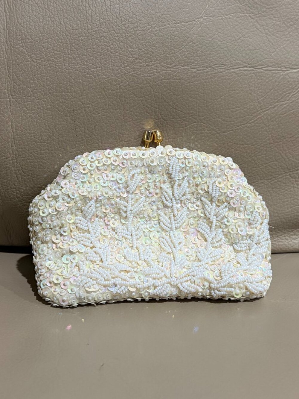 White and cream hand-beaded and sequined pouch (Preowned)